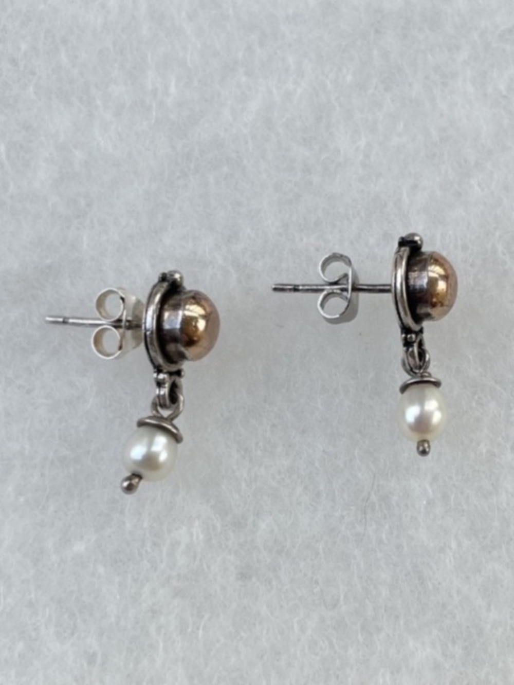 Dainty Pearl Sterling and Copper Drop Earrings - Picture 2 of 4